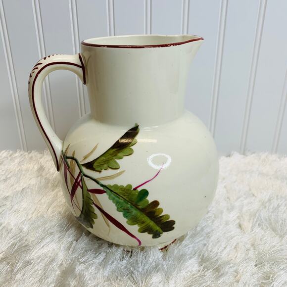 Handpainted Pitcher Vintage Green Red Leaves Tropical 8 x 6" - Picture 3 of 7